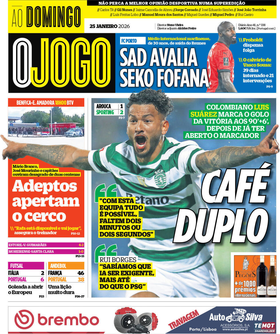 O Jogo: Capa da Edi&ccedil;&atilde;o de domingo, 25 de janeiro 2026