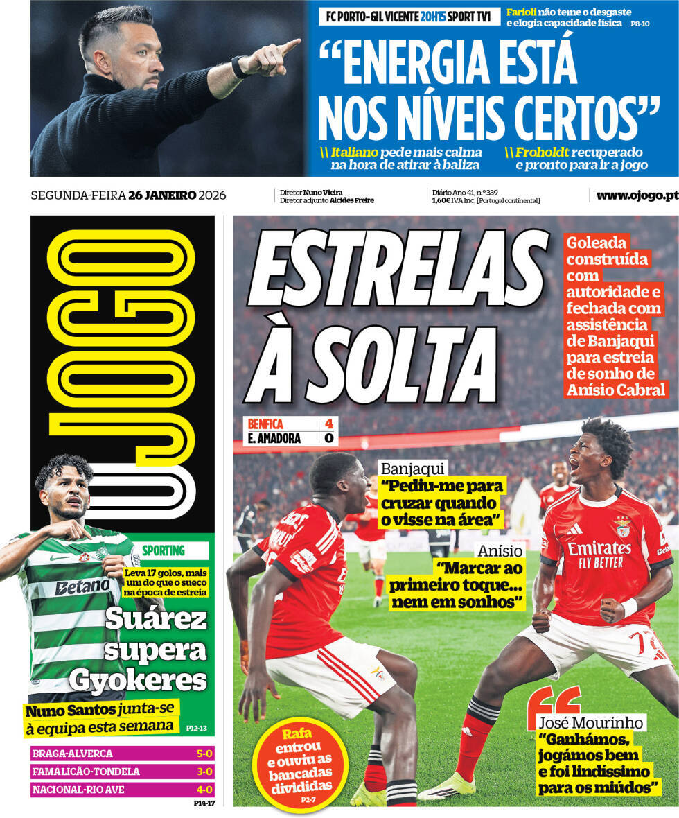 O Jogo: Capa da Edi&ccedil;&atilde;o de segunda-feira, 26 de janeiro 2026