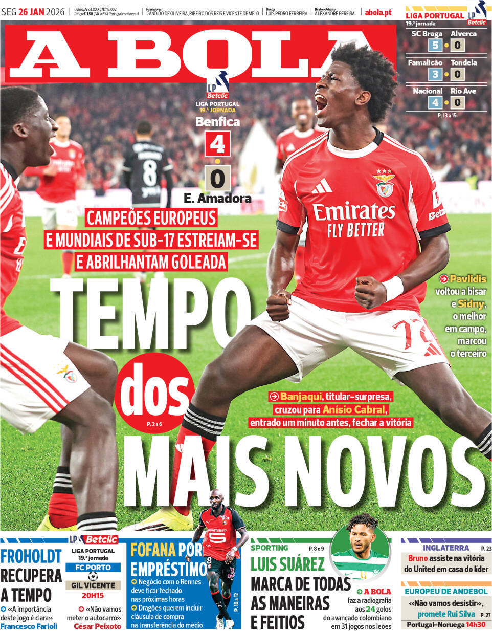 A Bola: Capa da Edi&ccedil;&atilde;o de segunda-feira, 26 de janeiro 2026