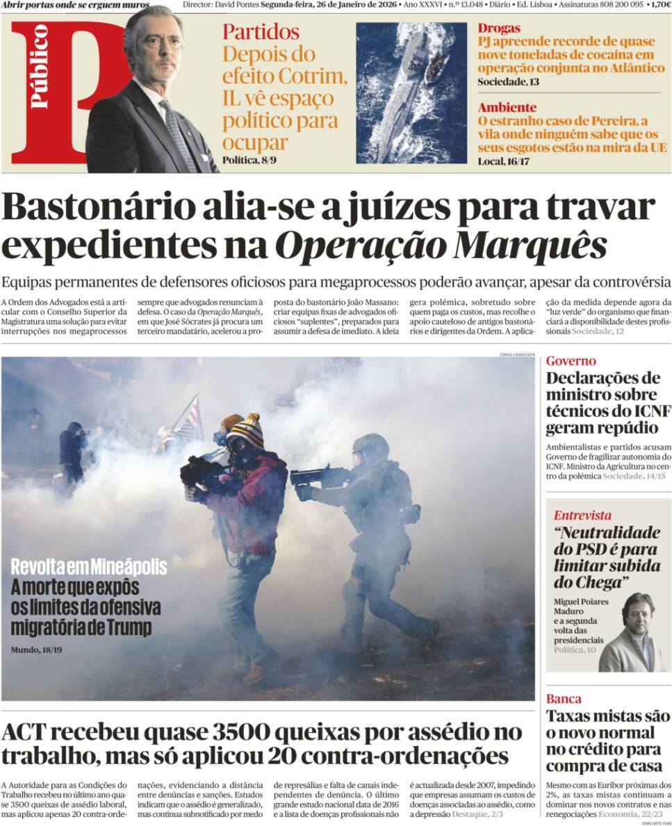 P&uacute;blico: Capa da Edi&ccedil;&atilde;o de segunda-feira, 26 de janeiro 2026