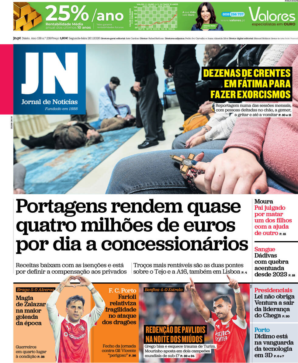 Jornal de Not&iacute;cias: Capa da Edi&ccedil;&atilde;o de segunda-feira, 26 de janeiro 2026