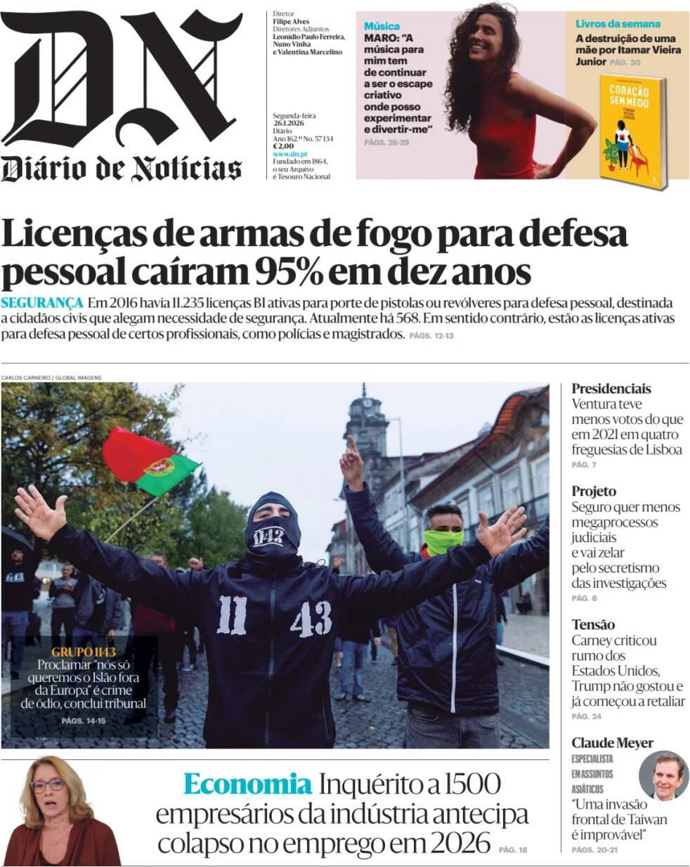 Di&aacute;rio de Not&iacute;cias: Capa da Edi&ccedil;&atilde;o de segunda-feira, 26 de janeiro 2026
