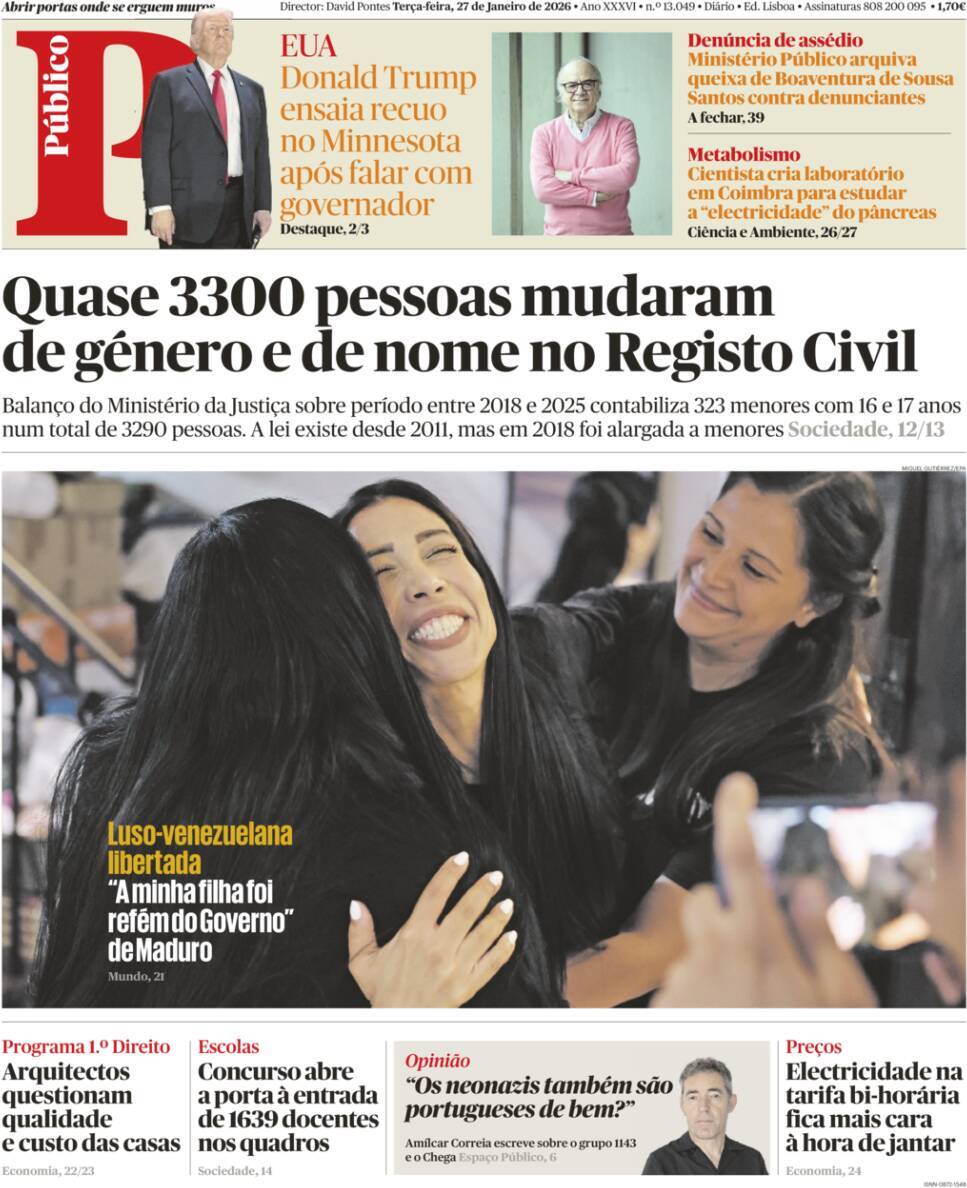P&uacute;blico: Capa da Edi&ccedil;&atilde;o de ter&ccedil;a-feira, 27 de janeiro 2026