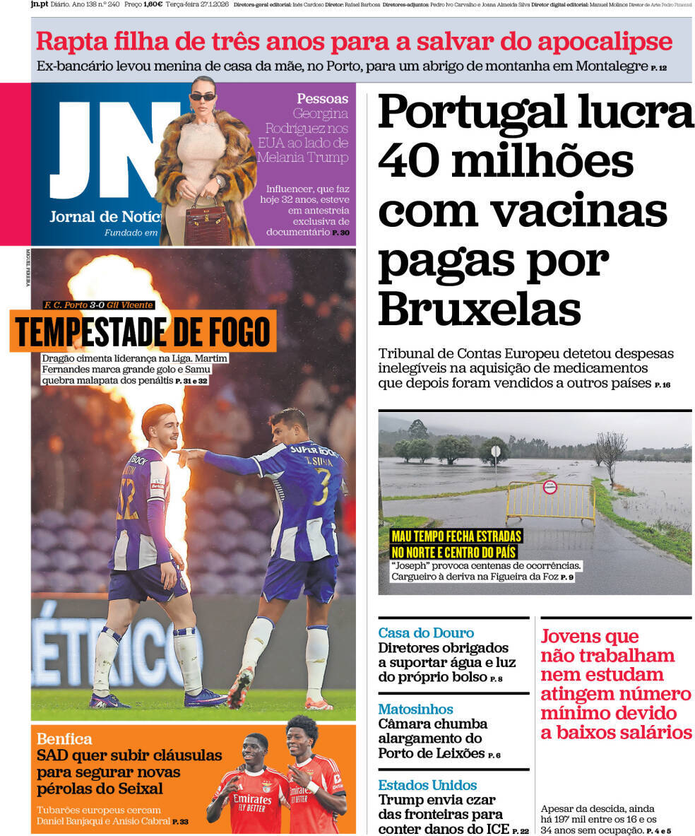 Jornal de Not&iacute;cias: Capa da Edi&ccedil;&atilde;o de ter&ccedil;a-feira, 27 de janeiro 2026