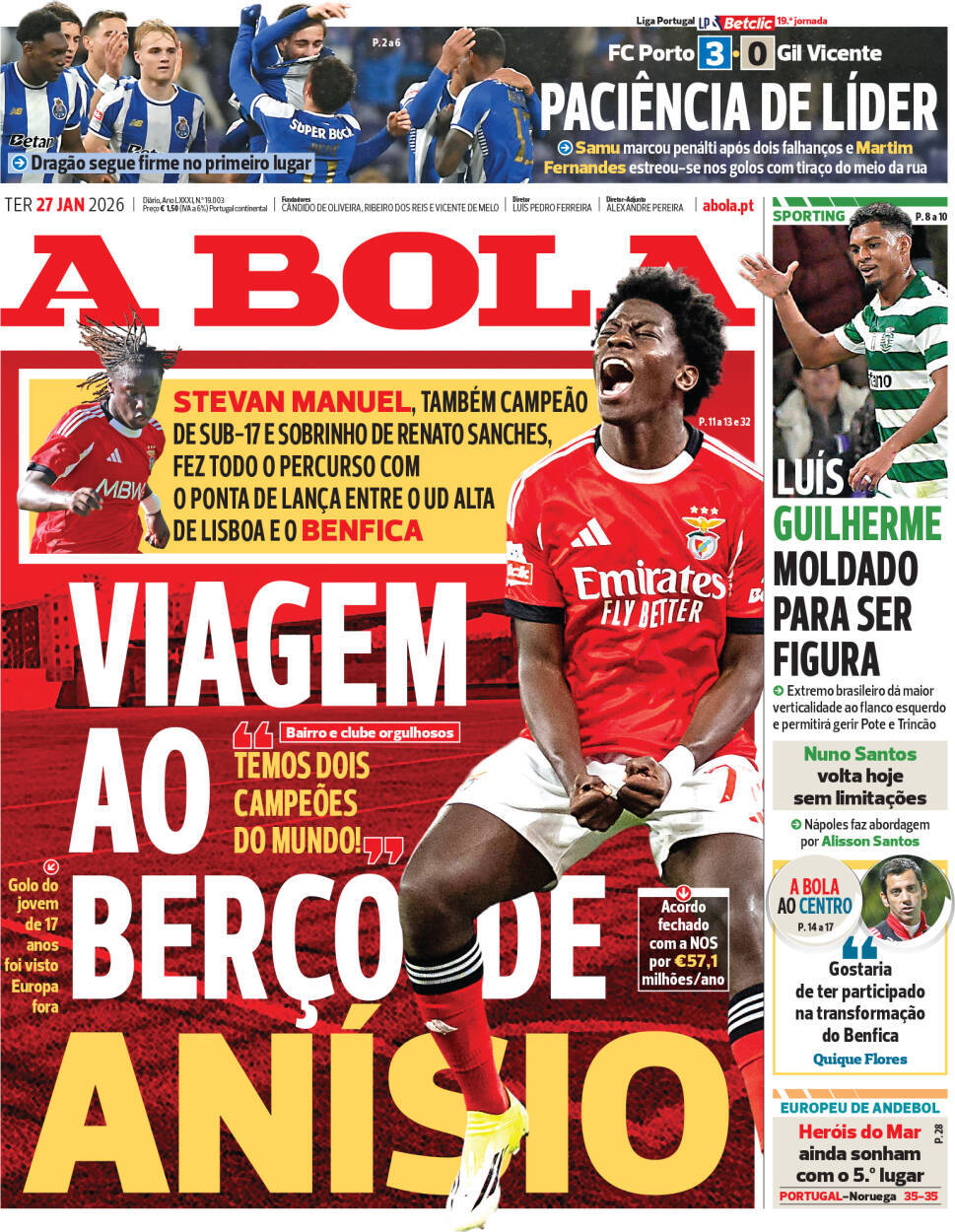 A Bola: Capa da Edi&ccedil;&atilde;o de ter&ccedil;a-feira, 27 de janeiro 2026