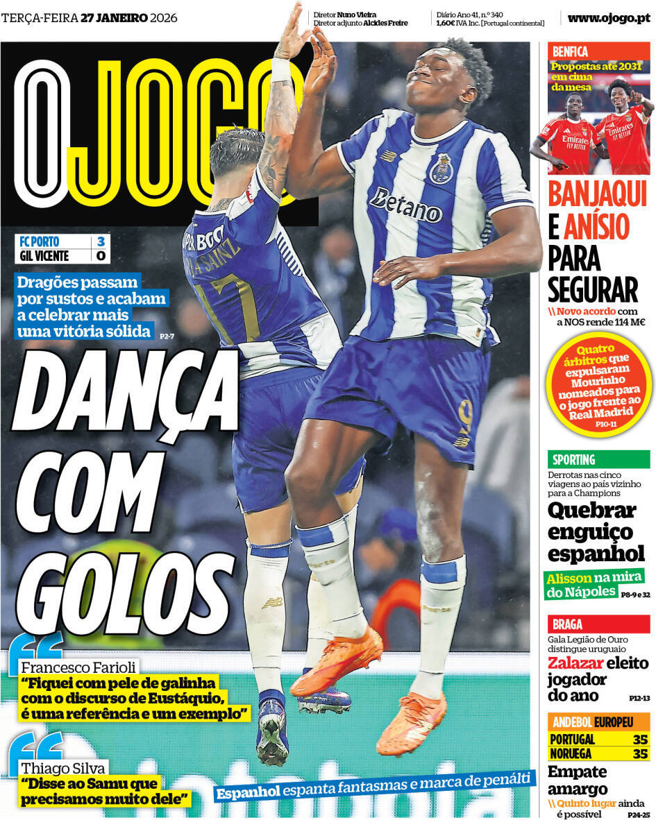 O Jogo: Capa da Edi&ccedil;&atilde;o de ter&ccedil;a-feira, 27 de janeiro 2026