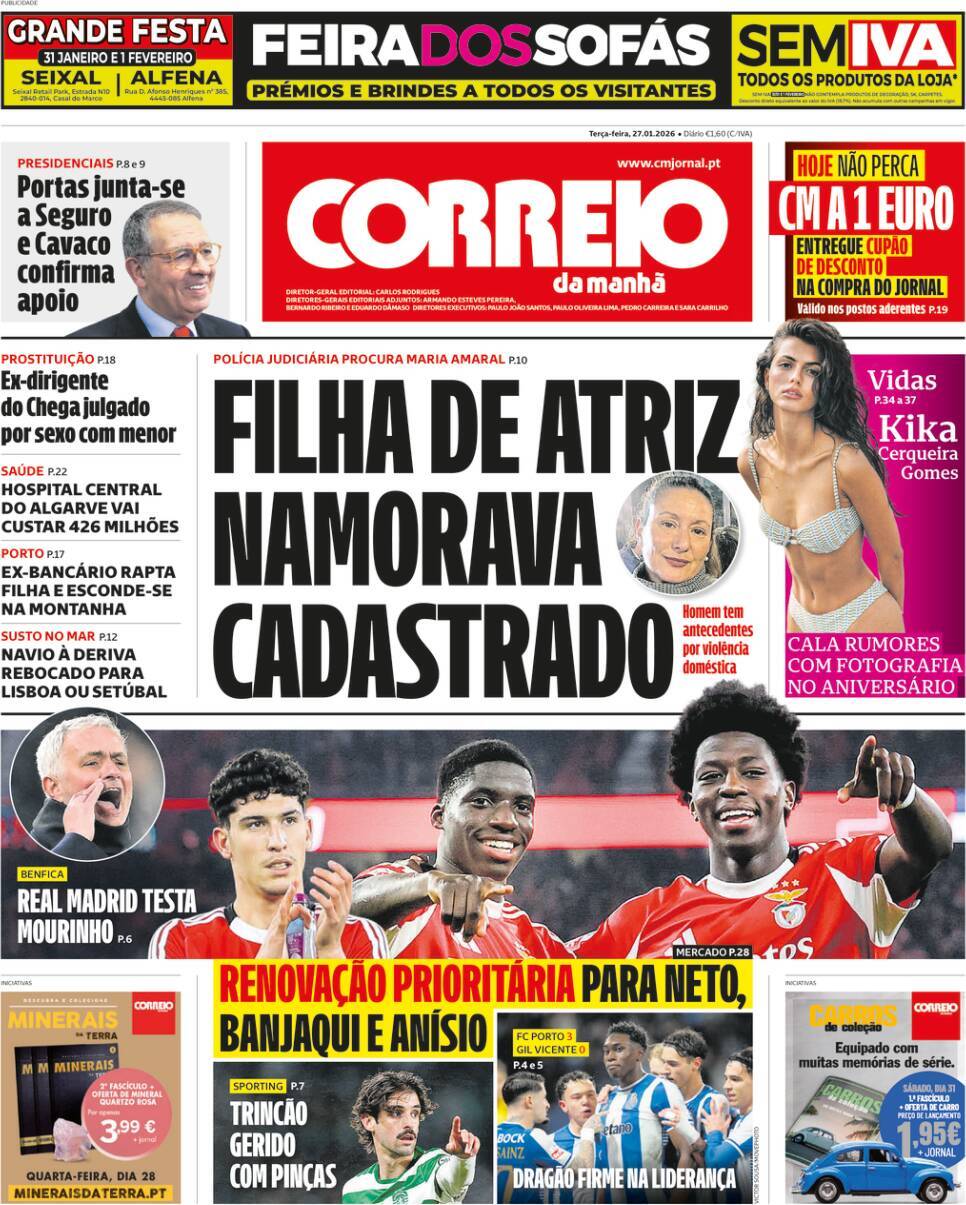 Correio da Manh&atilde;: Capa da Edi&ccedil;&atilde;o de ter&ccedil;a-feira, 27 de janeiro 2026