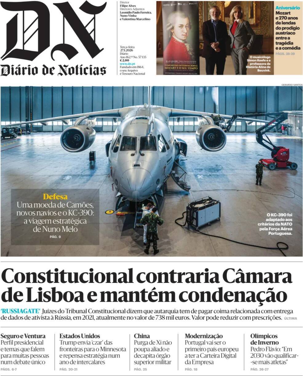Di&aacute;rio de Not&iacute;cias: Capa da Edi&ccedil;&atilde;o de ter&ccedil;a-feira, 27 de janeiro 2026