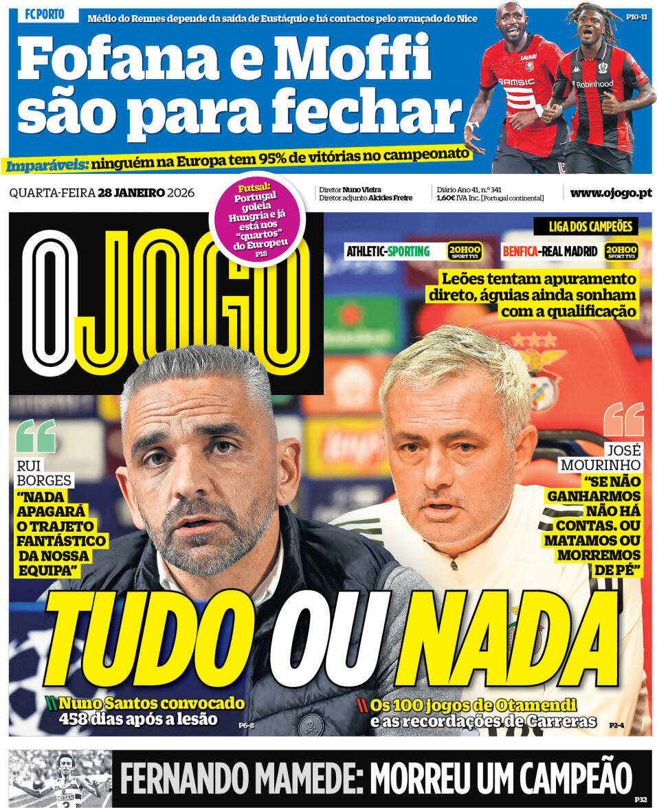 O Jogo: Capa da Edi&ccedil;&atilde;o de quarta-feira, 28 de janeiro 2026