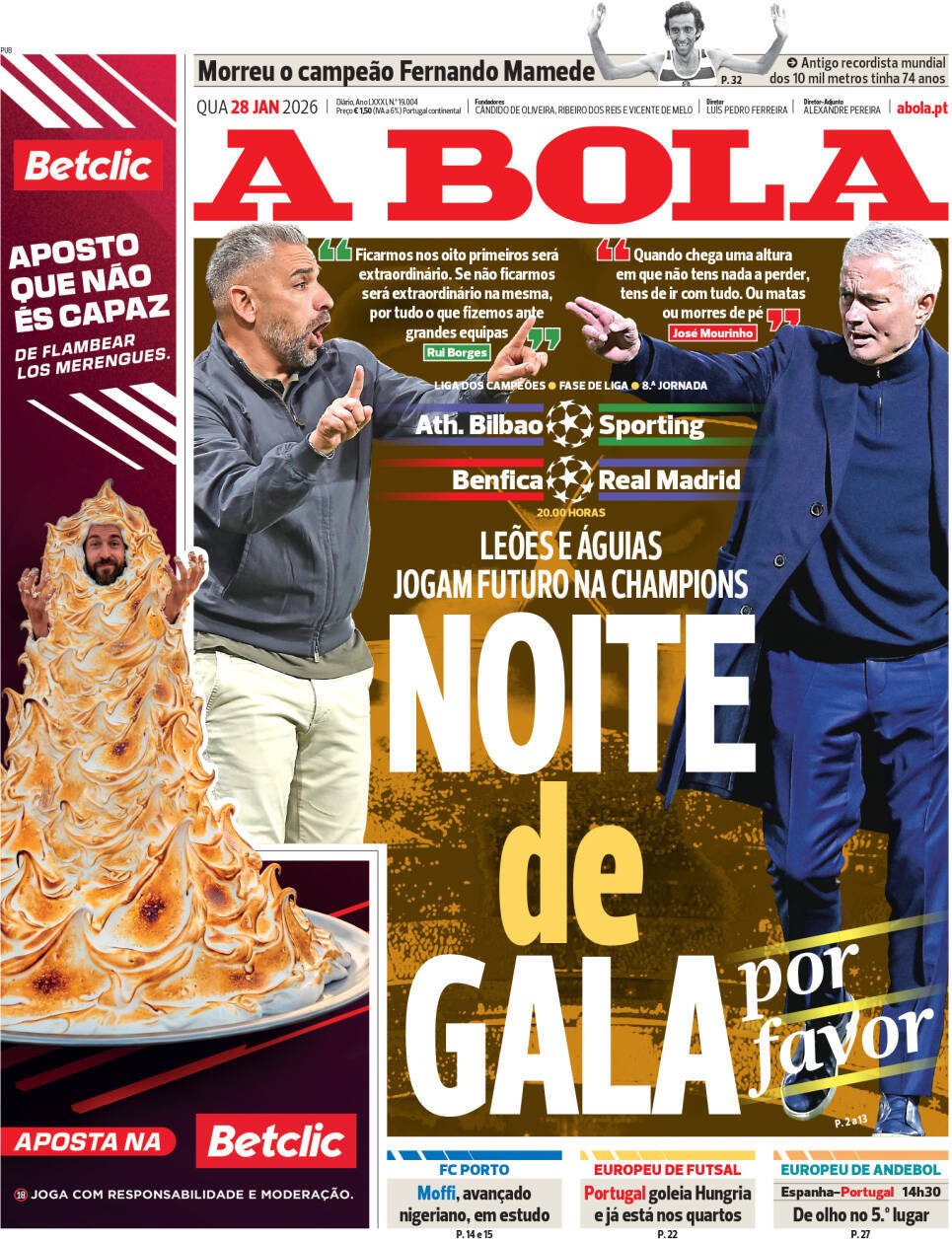 A Bola: Capa da Edi&ccedil;&atilde;o de quarta-feira, 28 de janeiro 2026