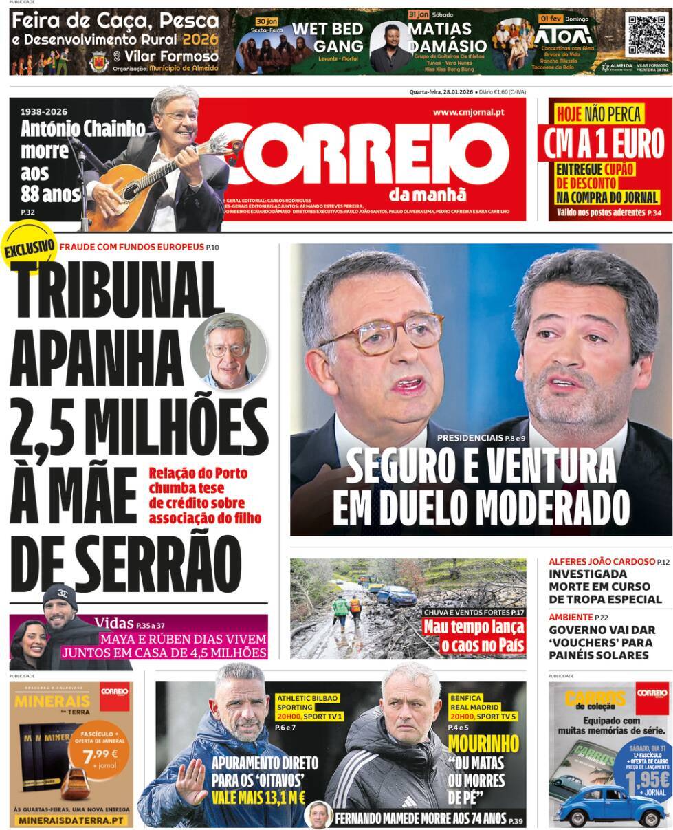 Correio da Manh&atilde;: Capa da Edi&ccedil;&atilde;o de quarta-feira, 28 de janeiro 2026