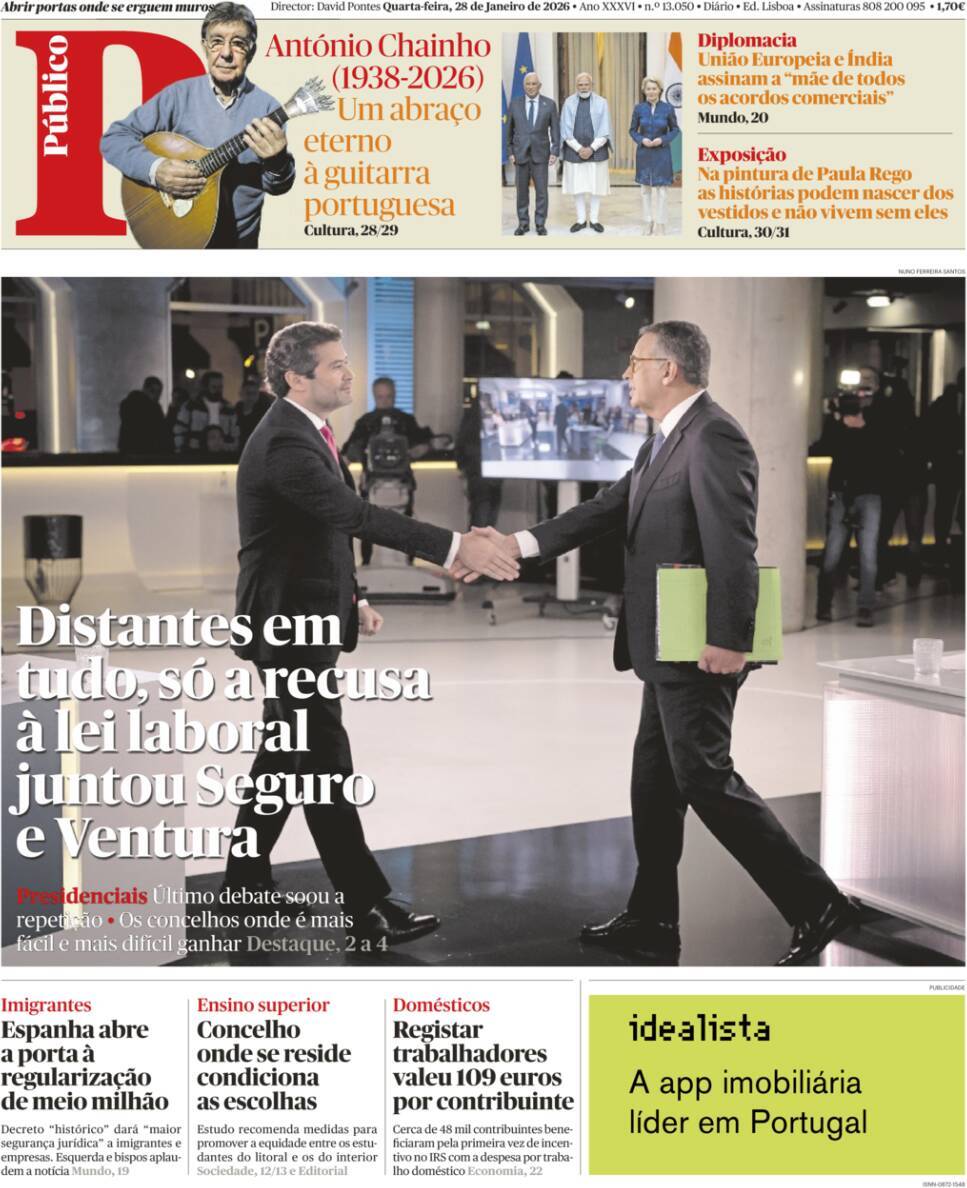 P&uacute;blico: Capa da Edi&ccedil;&atilde;o de quarta-feira, 28 de janeiro 2026
