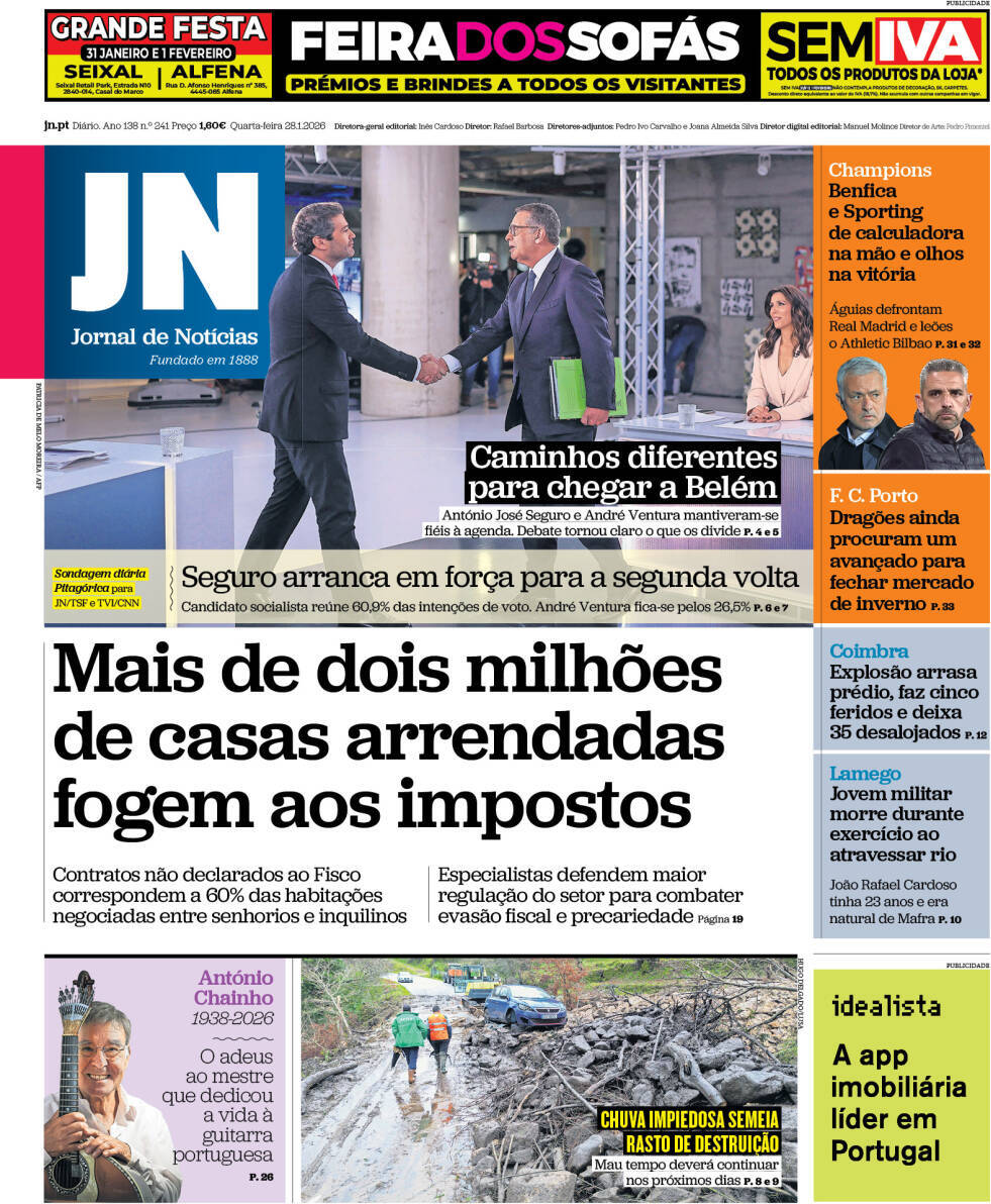 Jornal de Not&iacute;cias: Capa da Edi&ccedil;&atilde;o de quarta-feira, 28 de janeiro 2026