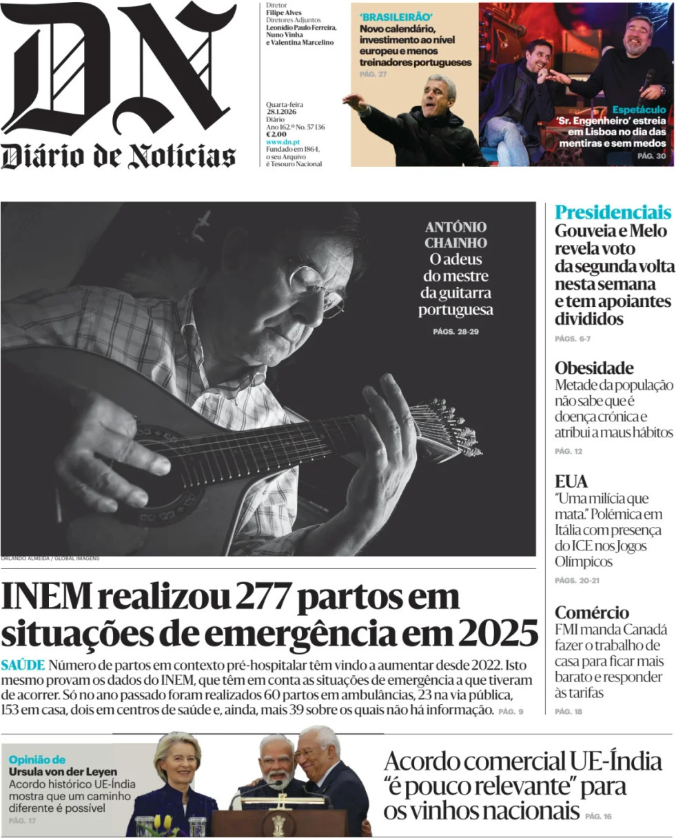 Di&aacute;rio de Not&iacute;cias: Capa da Edi&ccedil;&atilde;o de quarta-feira, 28 de janeiro 2026