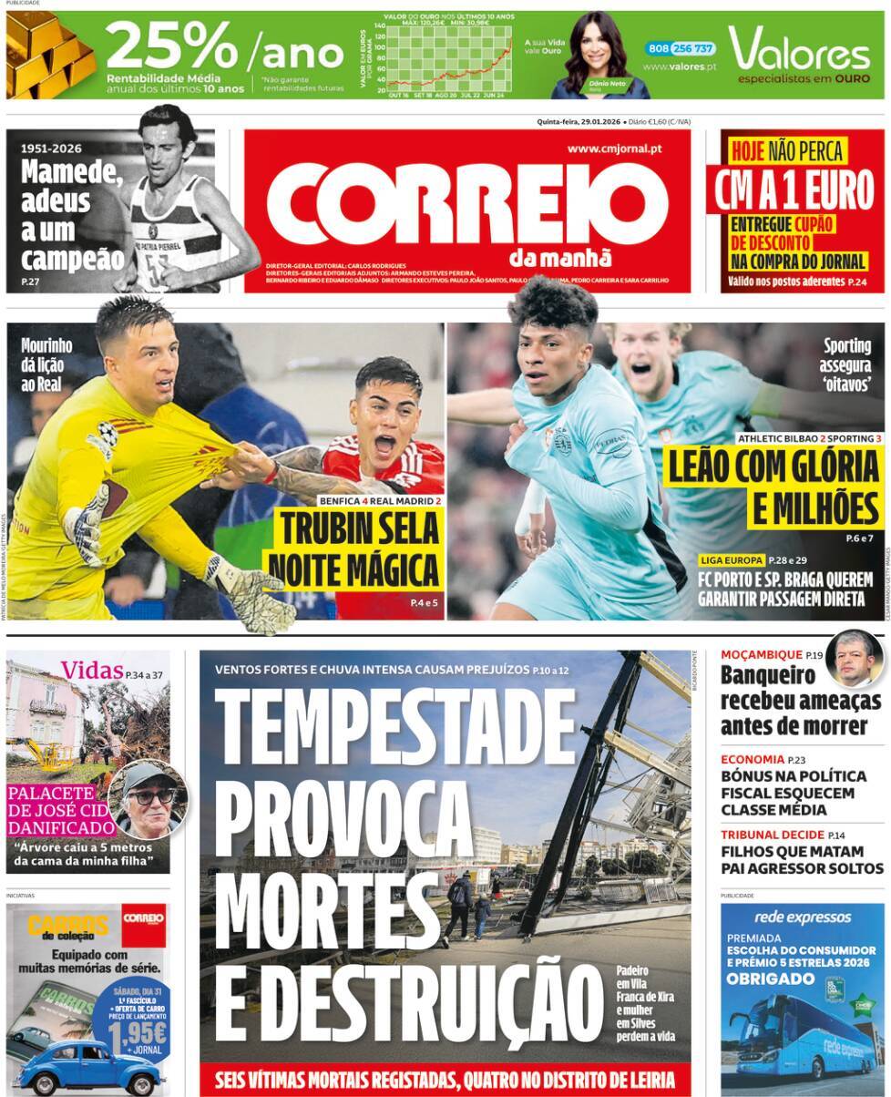 Correio da Manh&atilde;: Capa da Edi&ccedil;&atilde;o de quinta-feira, 29 de janeiro 2026