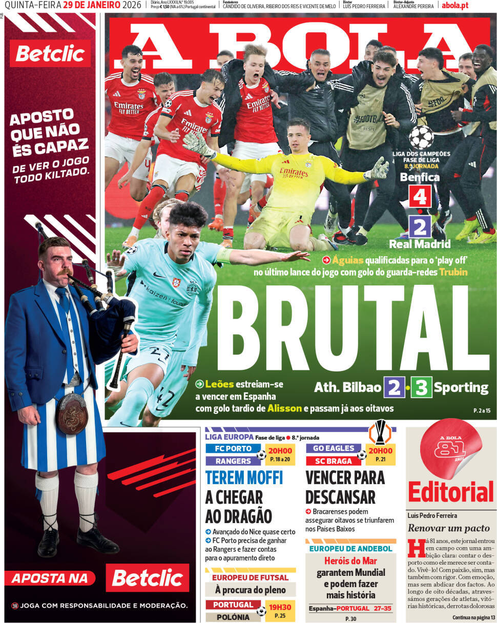 A Bola: Capa da Edi&ccedil;&atilde;o de quinta-feira, 29 de janeiro 2026