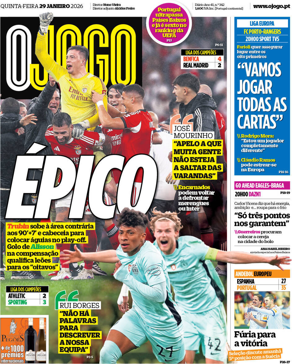 O Jogo: Capa da Edi&ccedil;&atilde;o de quinta-feira, 29 de janeiro 2026