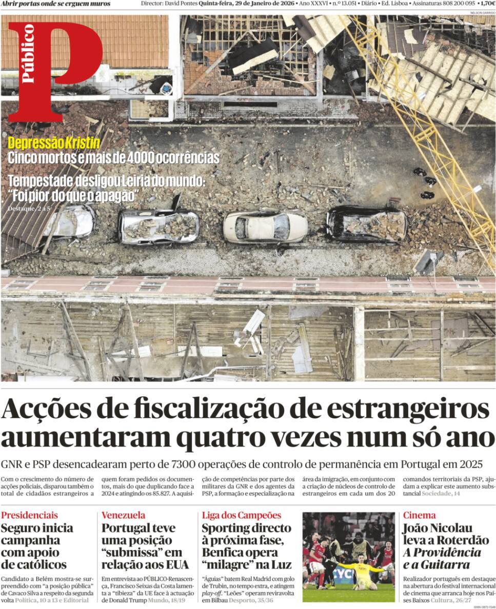 P&uacute;blico: Capa da Edi&ccedil;&atilde;o de quinta-feira, 29 de janeiro 2026