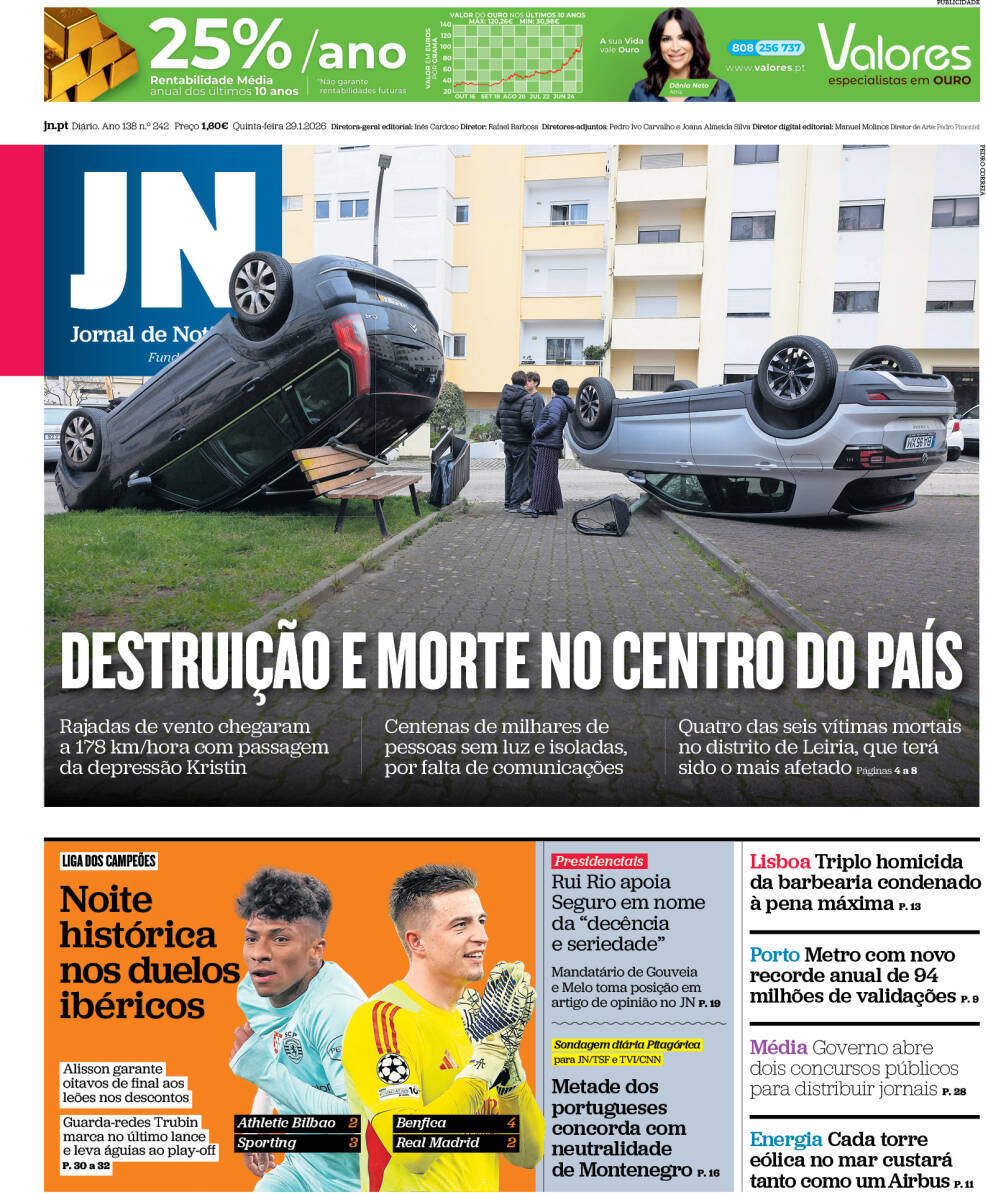 Jornal de Not&iacute;cias: Capa da Edi&ccedil;&atilde;o de quinta-feira, 29 de janeiro 2026