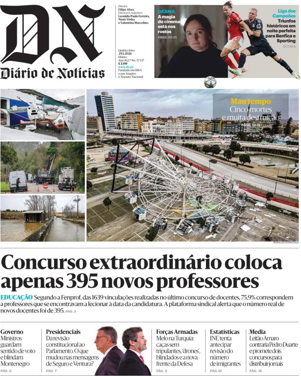 Di&aacute;rio de Not&iacute;cias: Capa da Edi&ccedil;&atilde;o de quinta-feira, 29 de janeiro 2026