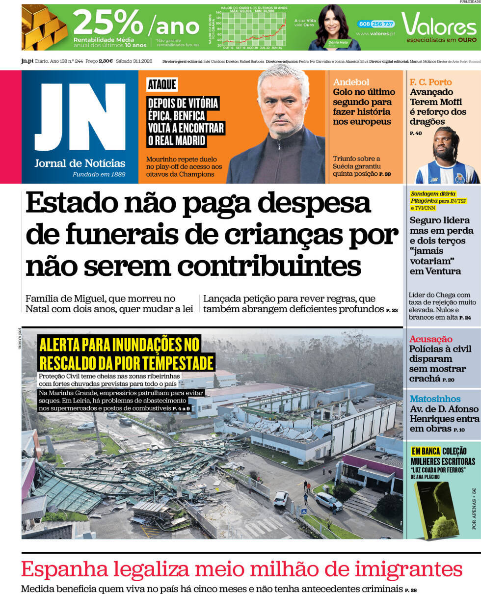 Correio da Manh&atilde;: Capa da Edi&ccedil;&atilde;o de s&aacute;bado, 31 de janeiro 2026