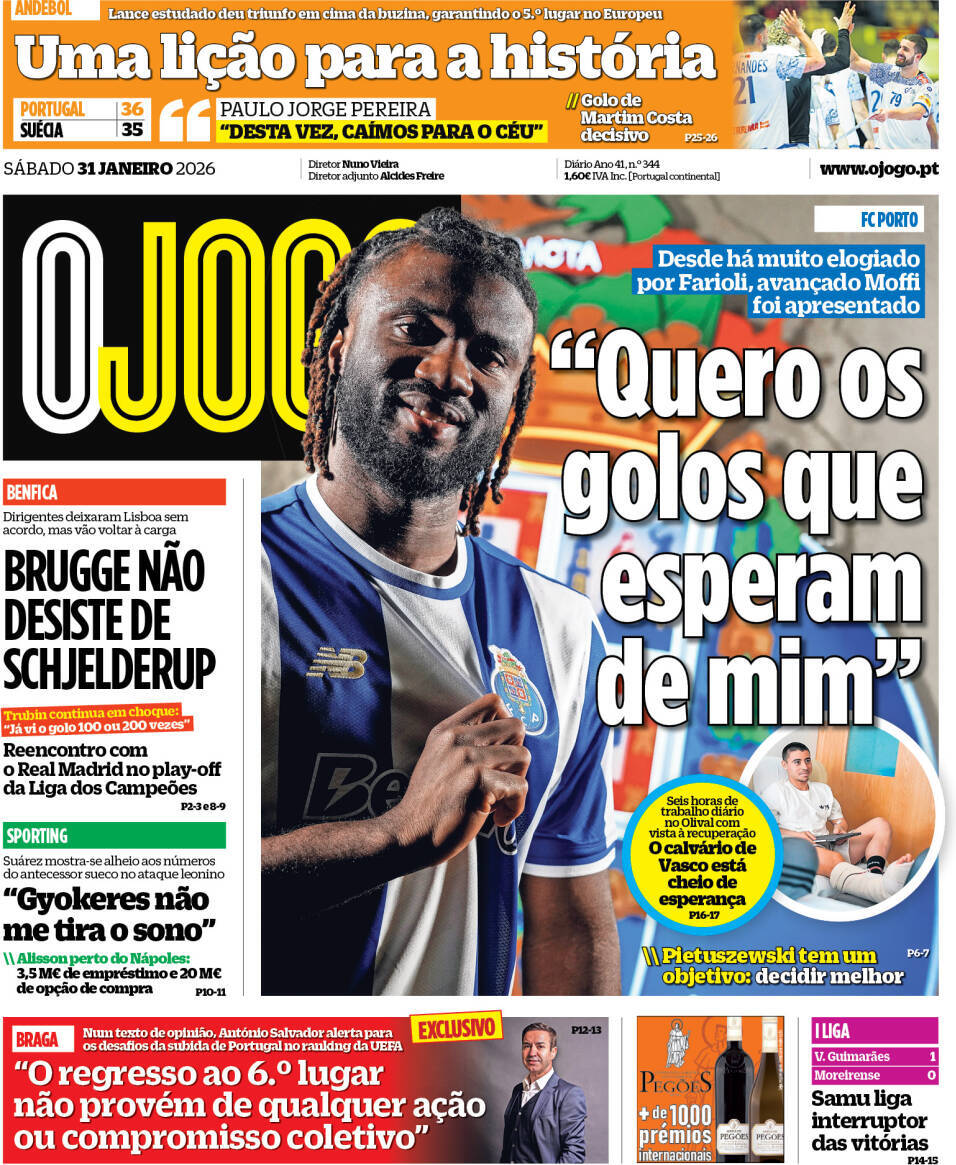 O Jogo: Capa da Edi&ccedil;&atilde;o de s&aacute;bado, 31 de janeiro 2026