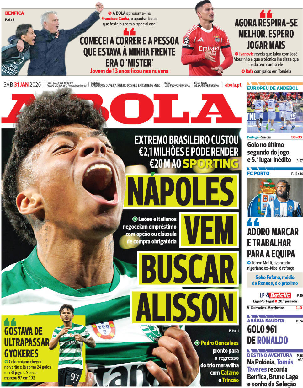 A Bola: Capa da Edi&ccedil;&atilde;o de s&aacute;bado, 31 de janeiro 2026