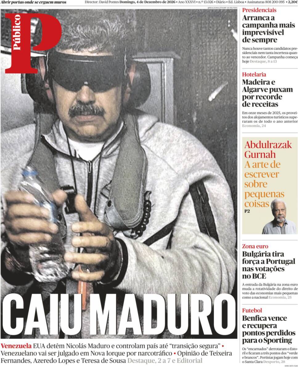 P&uacute;blico: Capa da Edi&ccedil;&atilde;o de domingo, 04 de janeiro 2026