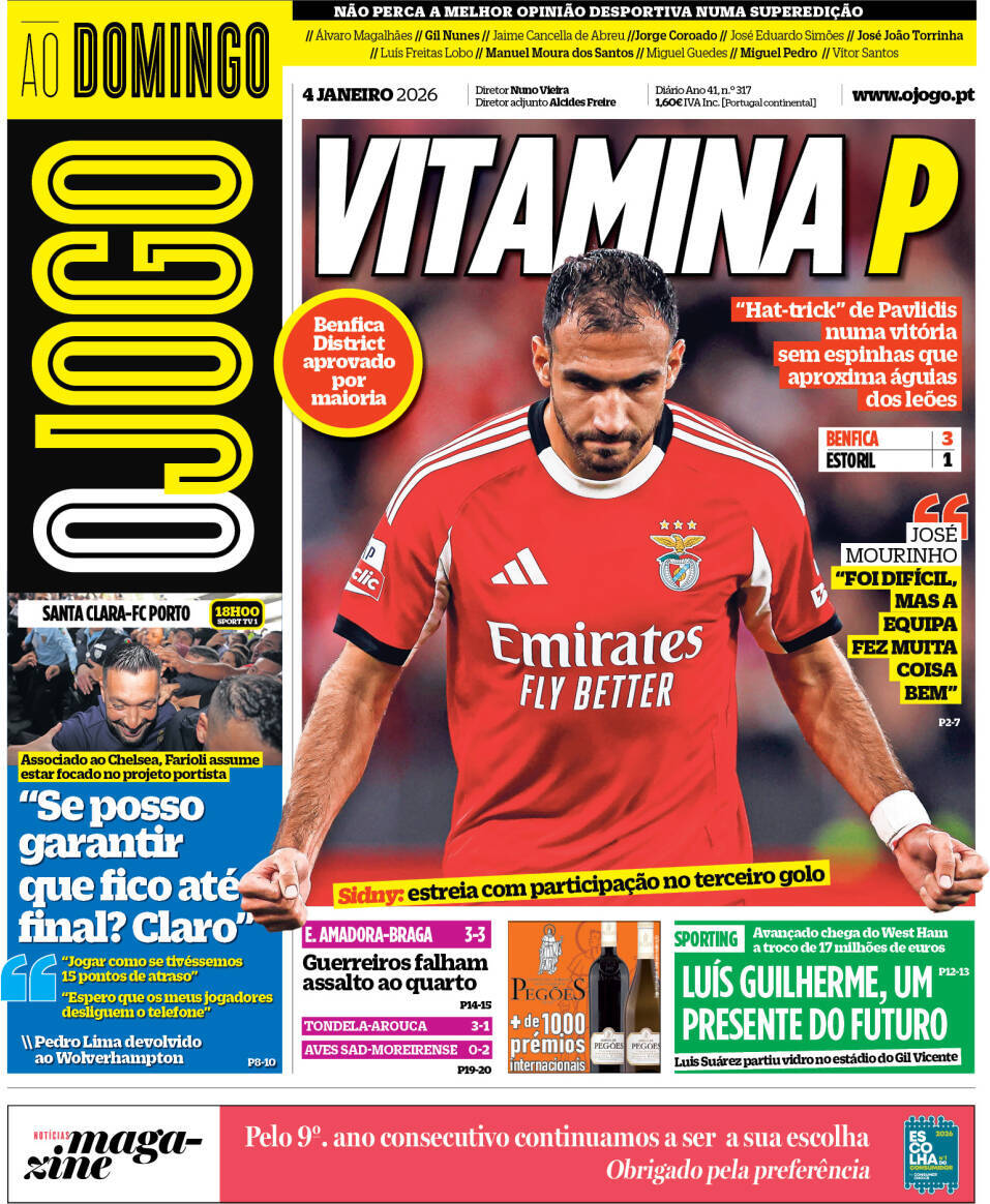 O Jogo: Capa da Edi&ccedil;&atilde;o de domingo, 04 de janeiro 2026