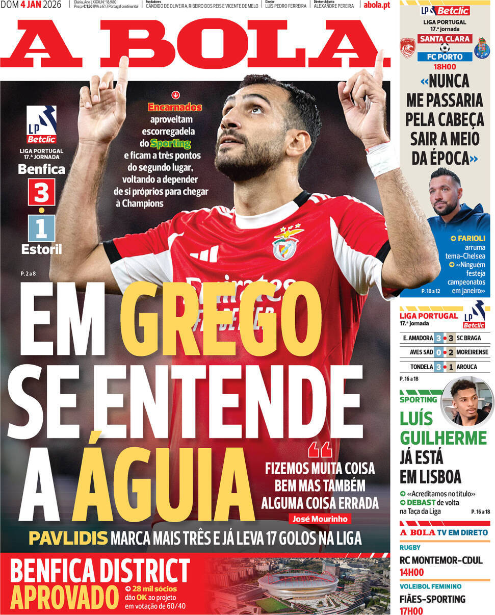 A Bola: Capa da Edi&ccedil;&atilde;o de domingo, 04 de janeiro 2026