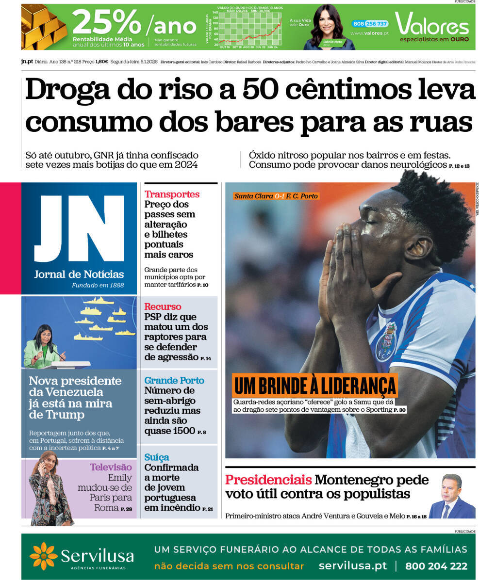 Jornal de Not&iacute;cias: Capa da Edi&ccedil;&atilde;o de segunda-feira, 05 de janeiro 2026