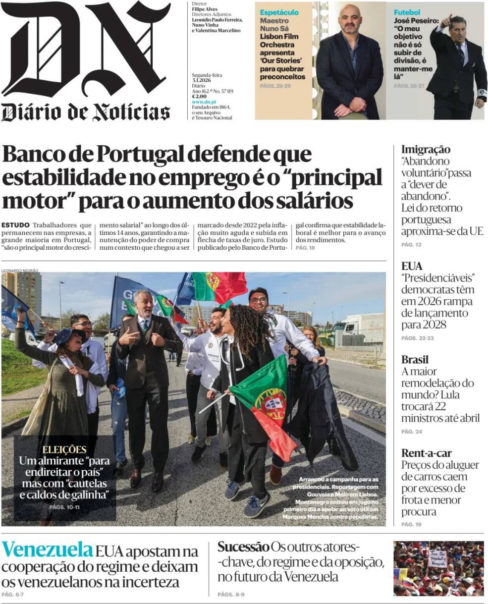 Di&aacute;rio de Not&iacute;cias: Capa da Edi&ccedil;&atilde;o de segunda-feira, 05 de janeiro 2026