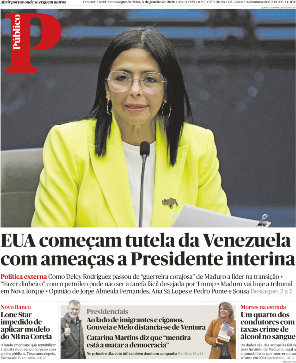 P&uacute;blico: Capa da Edi&ccedil;&atilde;o de segunda-feira, 05 de janeiro 2026