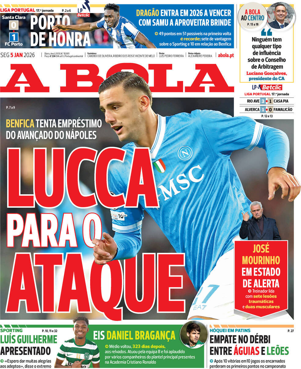 A Bola: Capa da Edi&ccedil;&atilde;o de segunda-feira, 05 de janeiro 2026