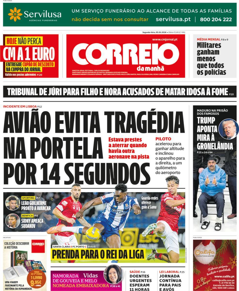 Correio da Manh&atilde;: Capa da Edi&ccedil;&atilde;o de segunda-feira, 05 de janeiro 2026