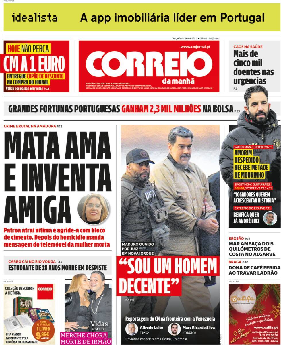 Correio da Manh&atilde;: Capa da Edi&ccedil;&atilde;o de ter&ccedil;a-feira, 06 de janeiro 2026