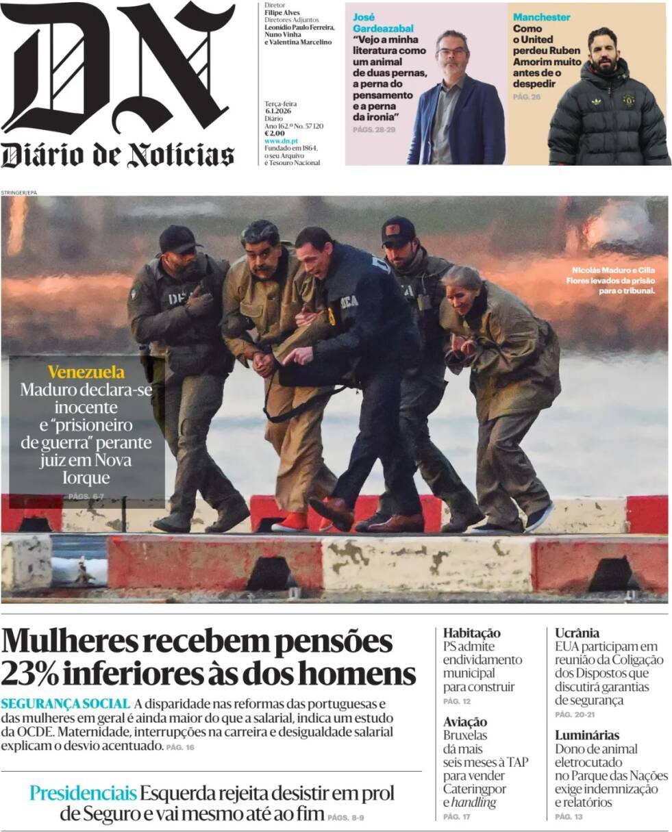 Di&aacute;rio de Not&iacute;cias: Capa da Edi&ccedil;&atilde;o de ter&ccedil;a-feira, 06 de janeiro 2026