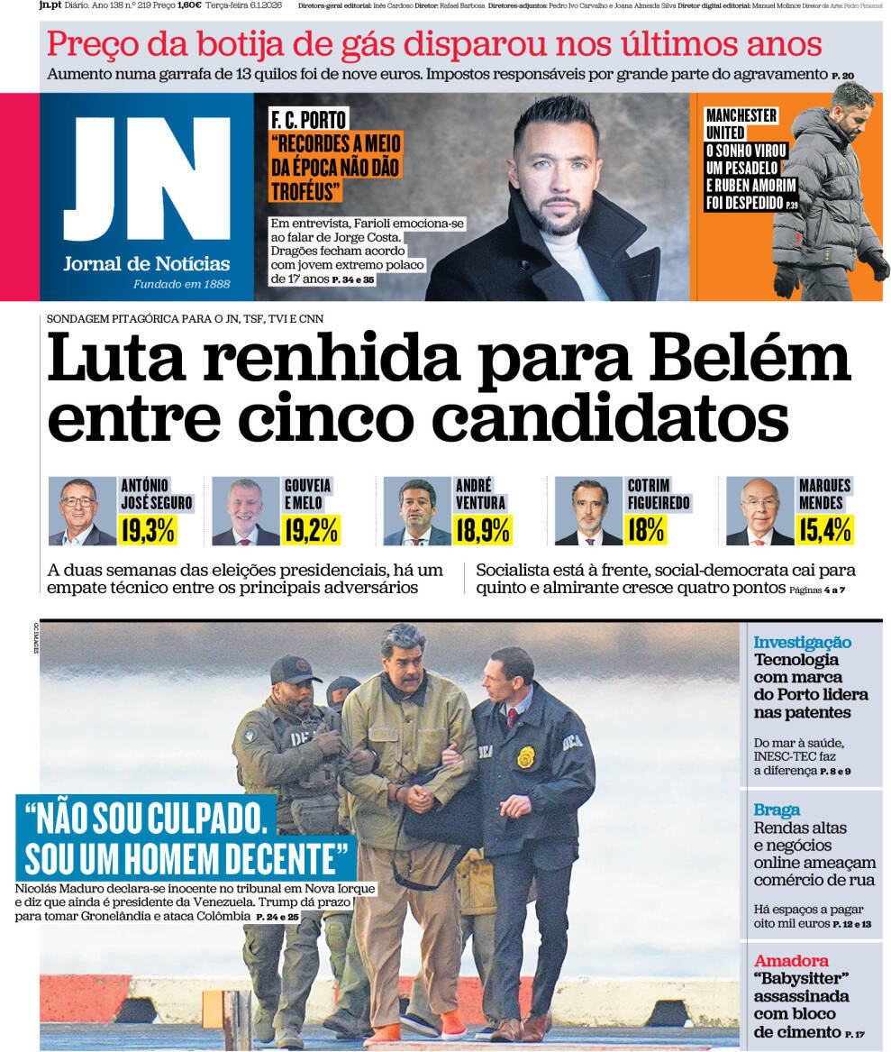 Jornal de Not&iacute;cias: Capa da Edi&ccedil;&atilde;o de ter&ccedil;a-feira, 06 de janeiro 2026