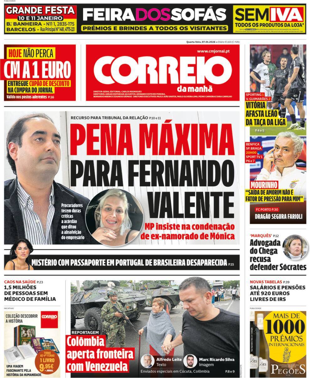 Correio da Manh&atilde;: Capa da Edi&ccedil;&atilde;o de quarta-feira, 07 de janeiro 2026