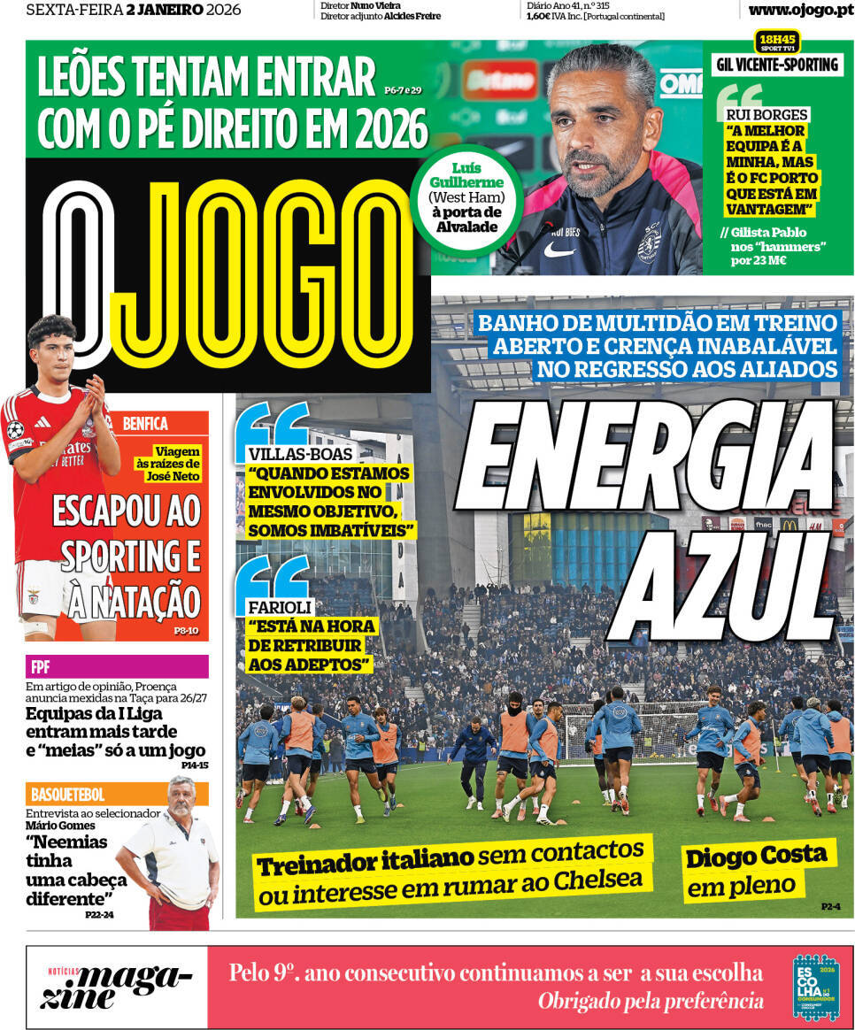 O Jogo: Capa da Edi&ccedil;&atilde;o de sexta-feira, 02 de janeiro 2026
