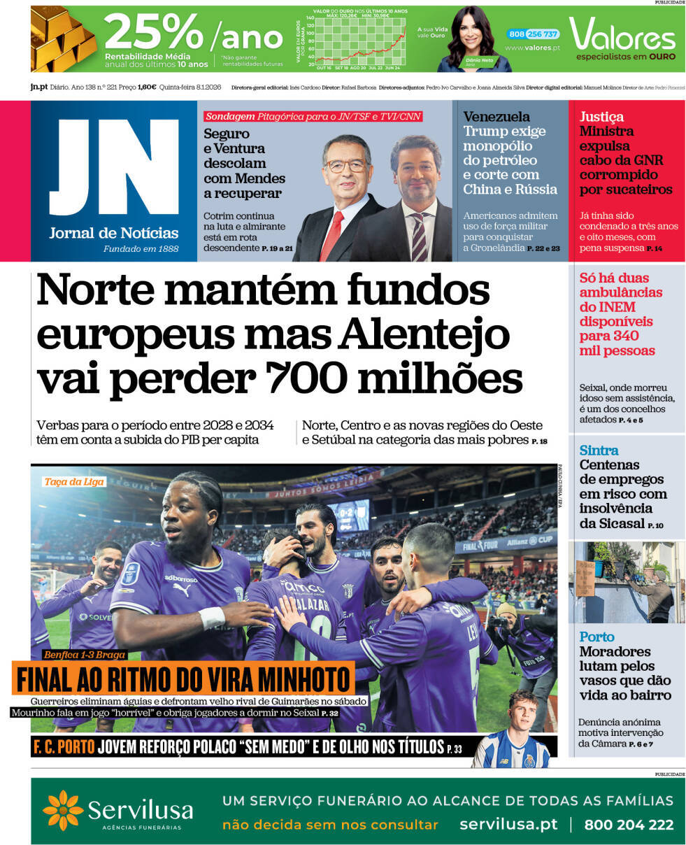 Jornal de Not&iacute;cias: Capa da Edi&ccedil;&atilde;o de quinta-feira, 08 de janeiro 2026