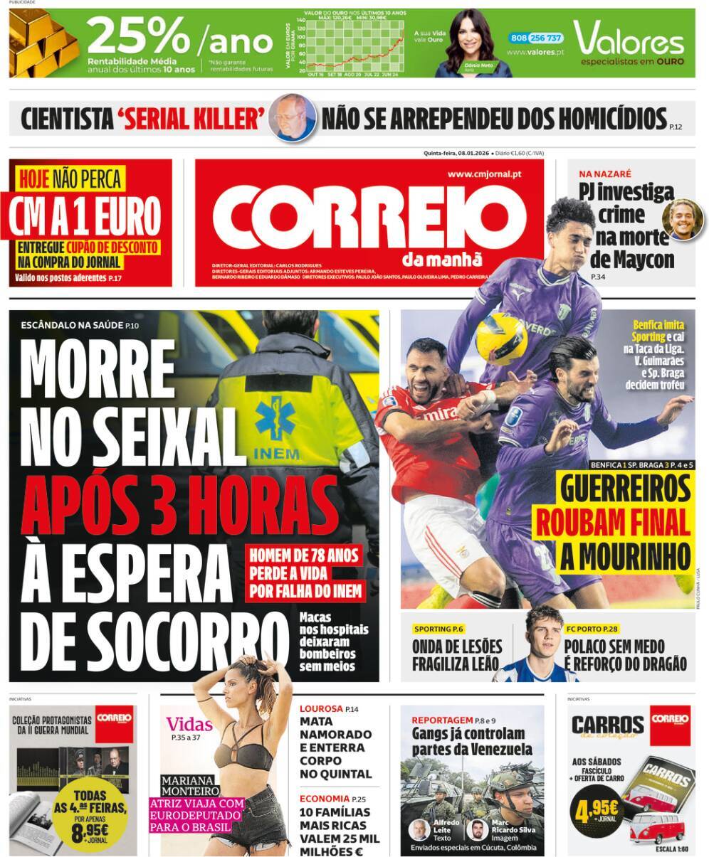 Correio da Manh&atilde;: Capa da Edi&ccedil;&atilde;o de quinta-feira, 08 de janeiro 2026