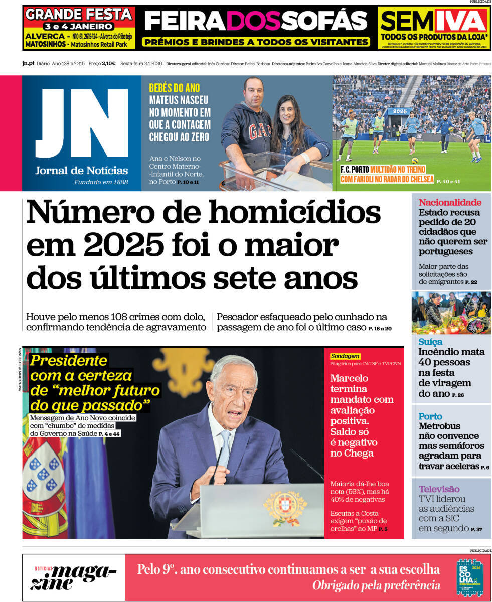 Jornal de Not&iacute;cias: Capa da Edi&ccedil;&atilde;o de sexta-feira, 02 de janeiro 2026