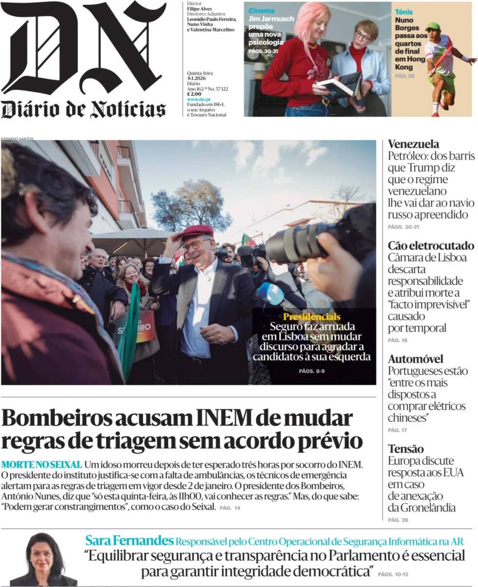 Di&aacute;rio de Not&iacute;cias: Capa da Edi&ccedil;&atilde;o de quinta-feira, 08 de janeiro 2026