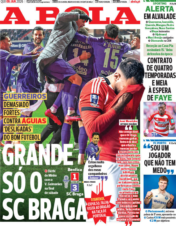 A Bola: Capa da Edi&ccedil;&atilde;o de quinta-feira, 08 de janeiro 2026