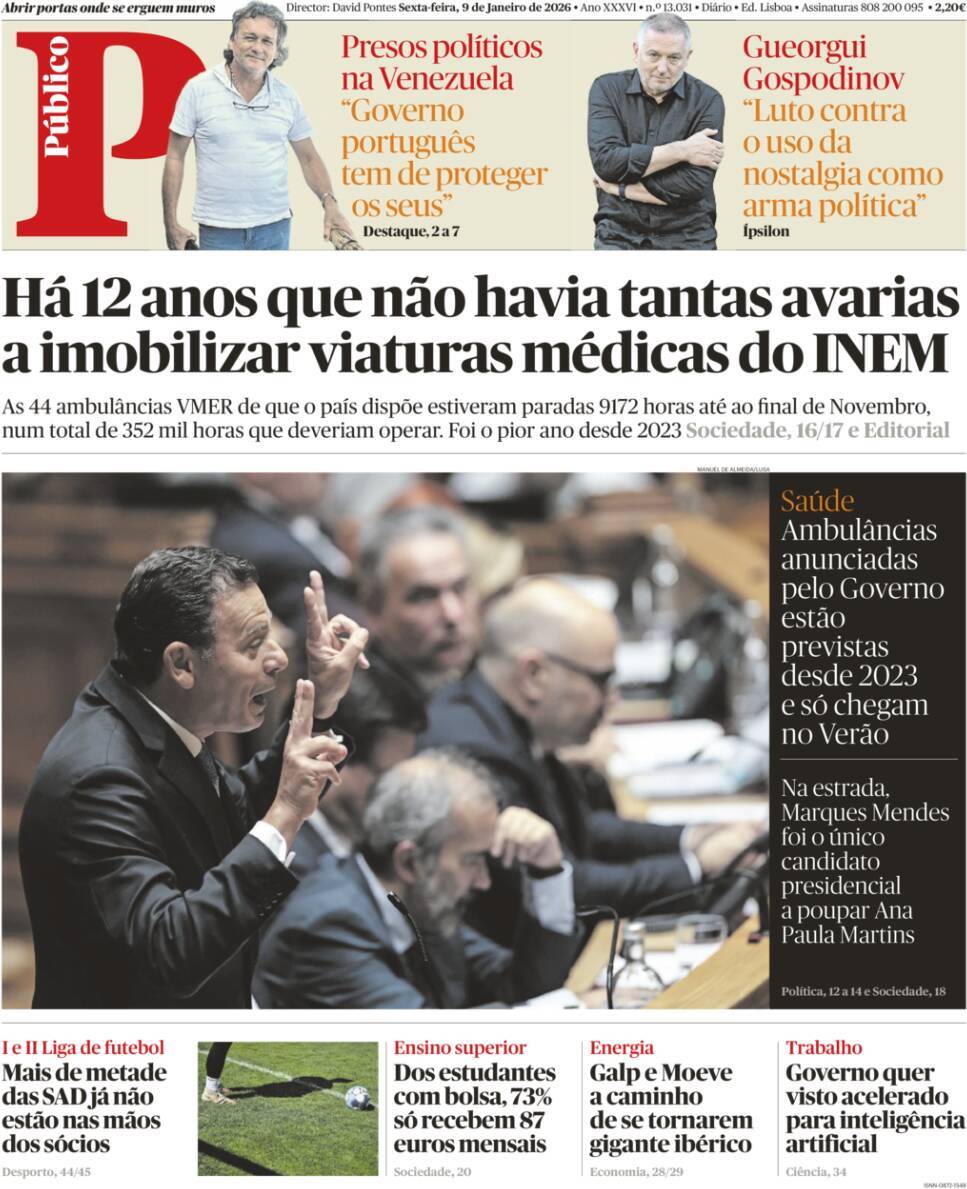 P&uacute;blico: Capa da Edi&ccedil;&atilde;o de sexta-feira, 09 de janeiro 2026
