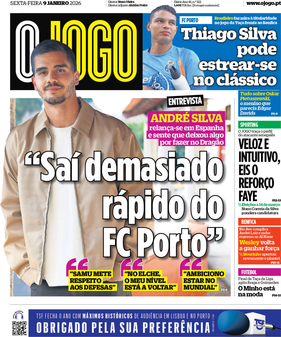 O Jogo: Capa da Edi&ccedil;&atilde;o de sexta-feira, 09 de janeiro 2026