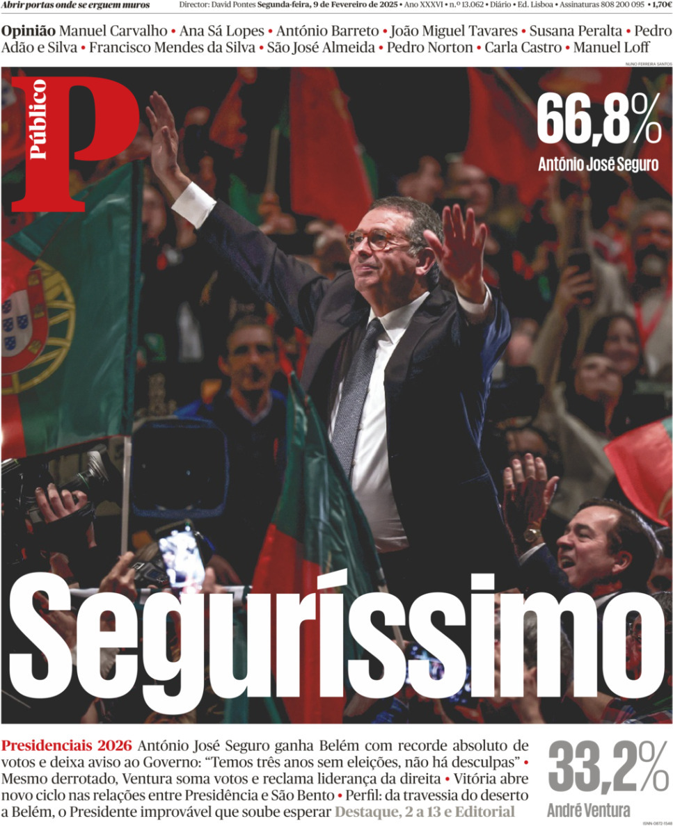 P&uacute;blico: Capa da Edi&ccedil;&atilde;o de segunda-feira, 09 de fevereiro 2026
