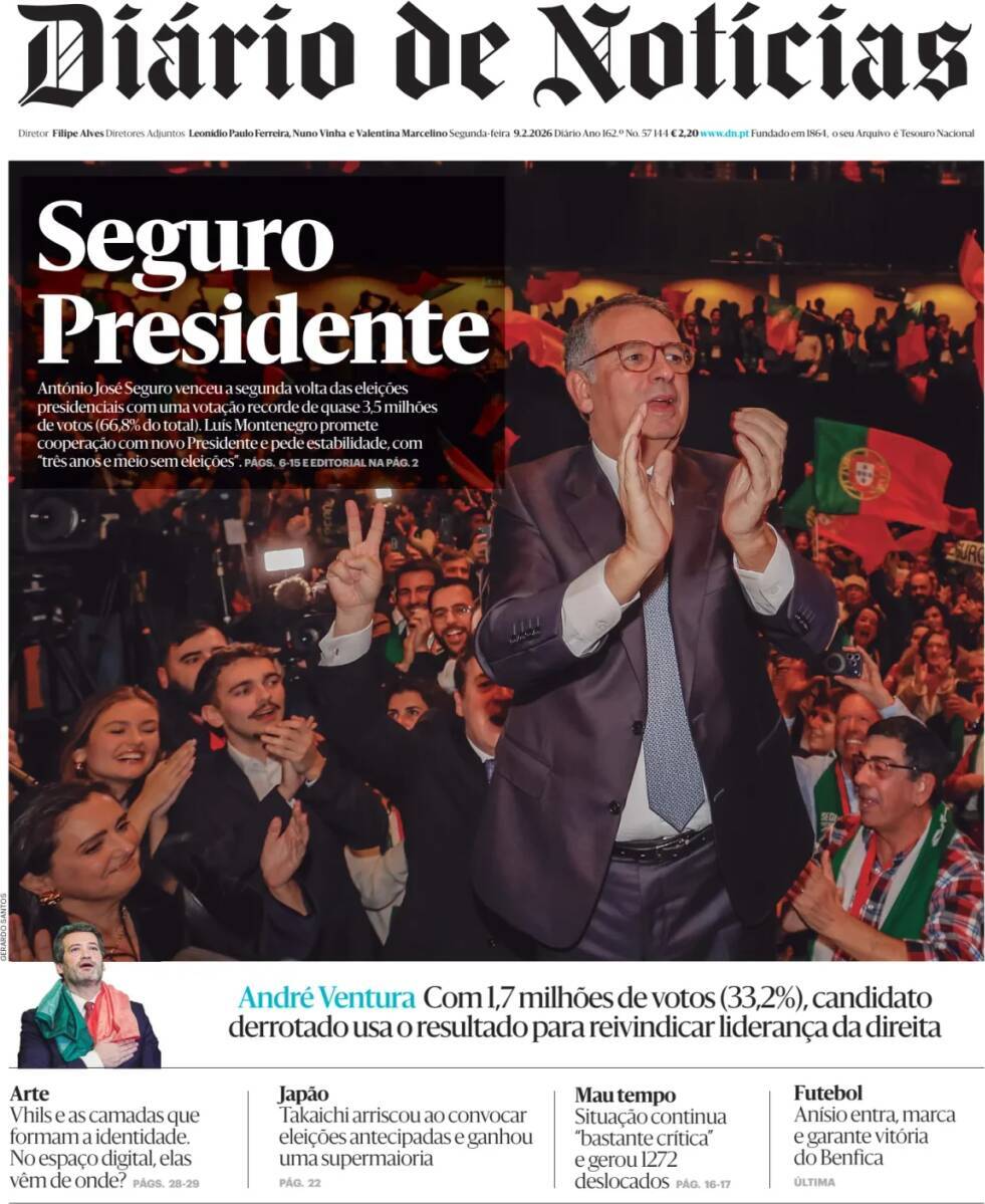 Di&aacute;rio de Not&iacute;cias: Capa da Edi&ccedil;&atilde;o de segunda-feira, 09 de fevereiro 2026
