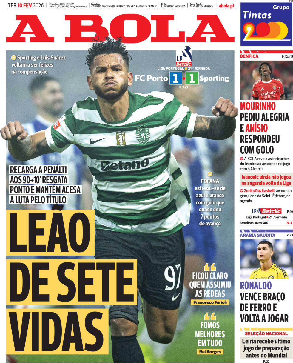 A Bola: Capa da Edi&ccedil;&atilde;o de ter&ccedil;a-feira, 10 de fevereiro 2026